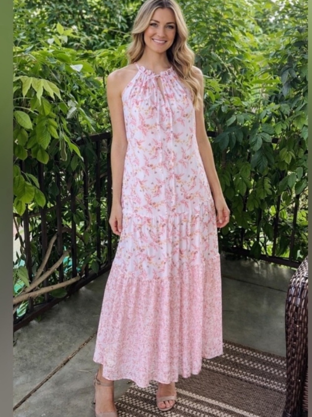 Anthropologie Pink Floral Maxi Dress with Cream Base